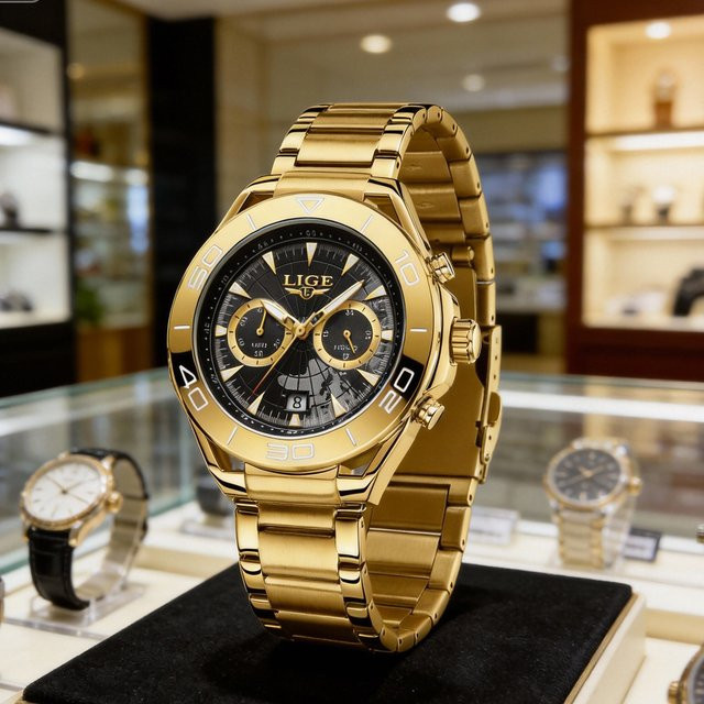 LIGE Armbanduhr Edelstahl, Quarz, Gold, Herren, Wochentagsanzeige - Bild 1
