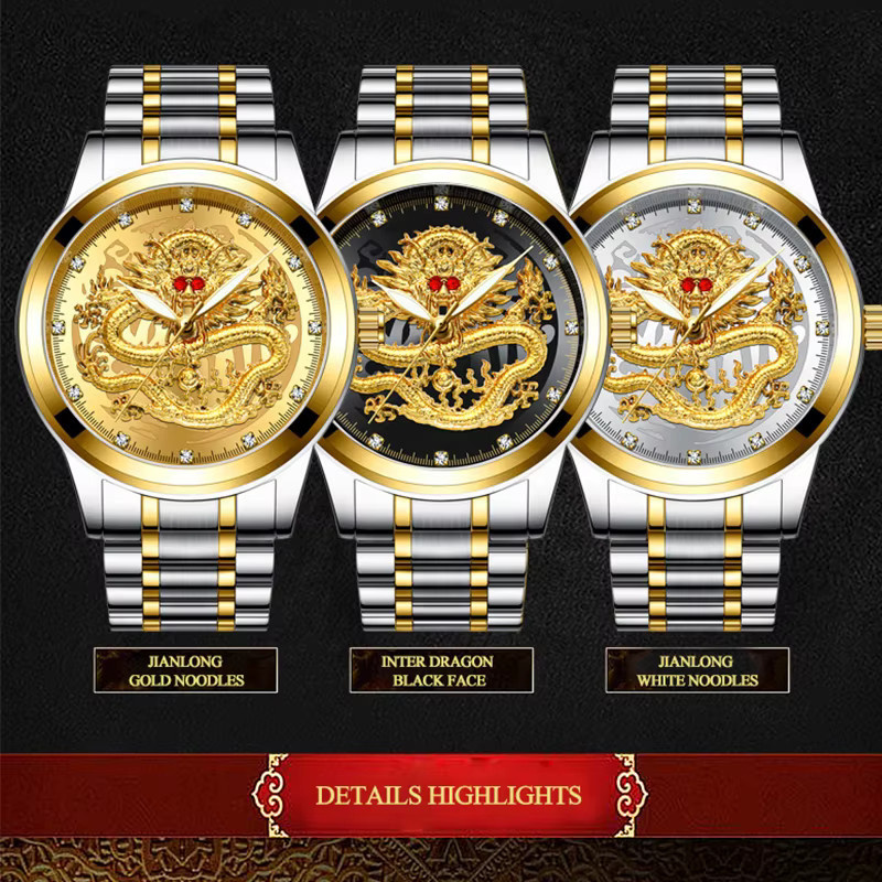 Fngeen Armbanduhr Quarz, Edelstahl, Gold, Herren, Drachen Muster - Bild 3