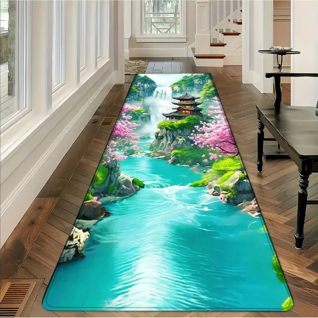 VIKAMA 3D Japanischer Garten Wasserfall Teppich, rutschfester dekorativer Läufer für Flur und Eingangsbereich, Mehrfarbig, Breite: 60 cm - Bild 1