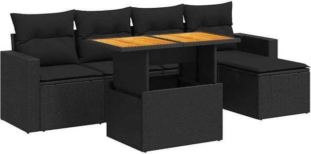 vidaXL 6-teilige Garten-Sofagarnitur aus Poly-Rattan und Akazienholz in Schwarz mit Kissen - Bild 1