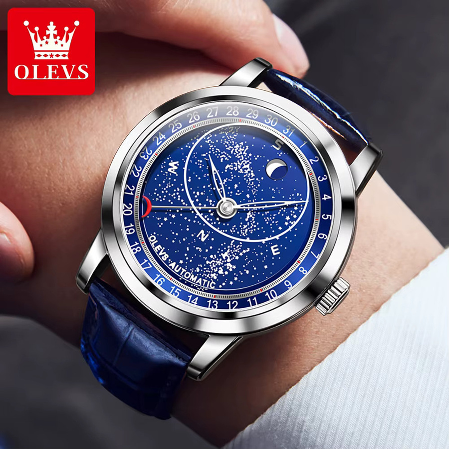 OLEVS Armbanduhr Automatik, Mondphase, Blau, Edelstahl, Leder, Herren - Bild 2