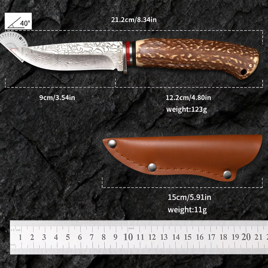 CMGF Damaskus Küchenmesser mit Holzgriff in Braun und Silber als Allzweckmesser für Fleisch, Obst und Lachs - Bild 5