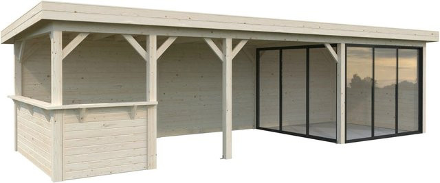 Palmako Pavillon Lenna Set 415 Slide aus Fichtenholz in Braun mit transparenten Alu-Schiebetüren und PZ-Schloss, B/H/T: 876 x 245 x 300 cm - Bild 1
