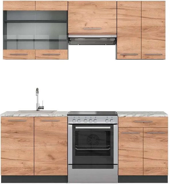 Vicco Fame-Line Küchenzeile Goldkraft Eiche Anthrazit modern mit Marmor-Optik Breite: 200 cm - Bild 1
