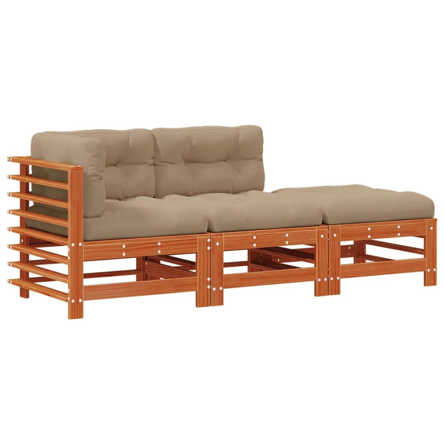 vidaXL Garten-Lounge-Set aus massivem Kiefernholz in Wachsbraun mit 3-teiliger L-Form, Polster-Sofa, 2-Sitzer und Ottoman in Beige - Bild 2
