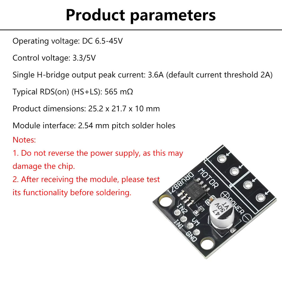 Aideepen DRV8871 H-Bridge Brushed DC Motor Driver Breakout Board PWM-Steuermodul in Schwarz mit 3,6 A maximaler interner Strommessung (6,5–45 V) - Bild 3