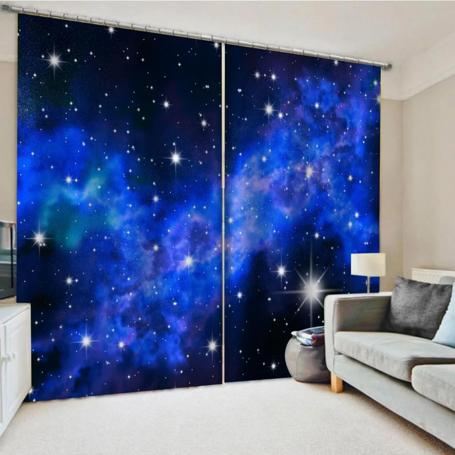 Yiran Furniture Fenster Vorhänge Mond Stern Himmel Meer Ozean Blau, 2er Set, B: 65 cm, H: 60 cm - Bild 1