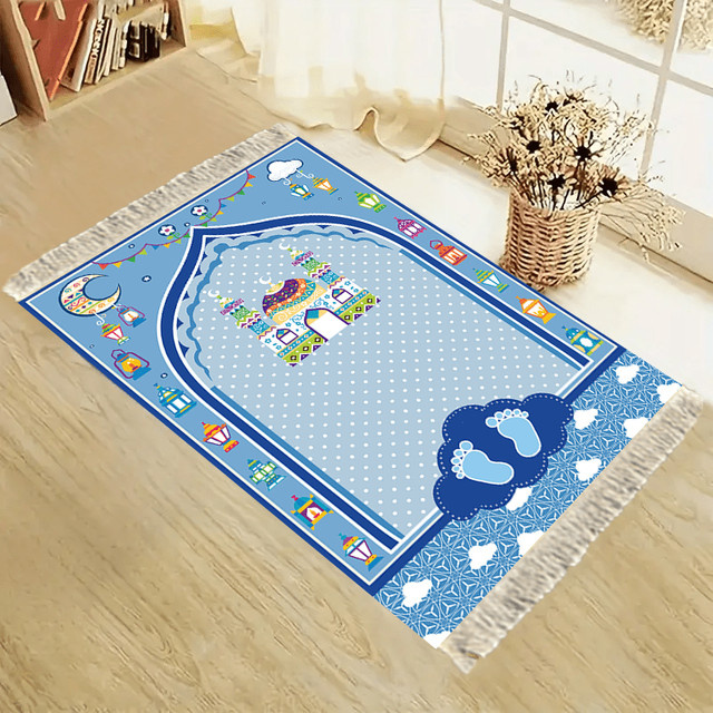 VIKAMA Gebetsmatte für Kinder in Blau mit Kinder-Motiv, rutschfester Teppich mit Quasten im orientalischen Design - Bild 1