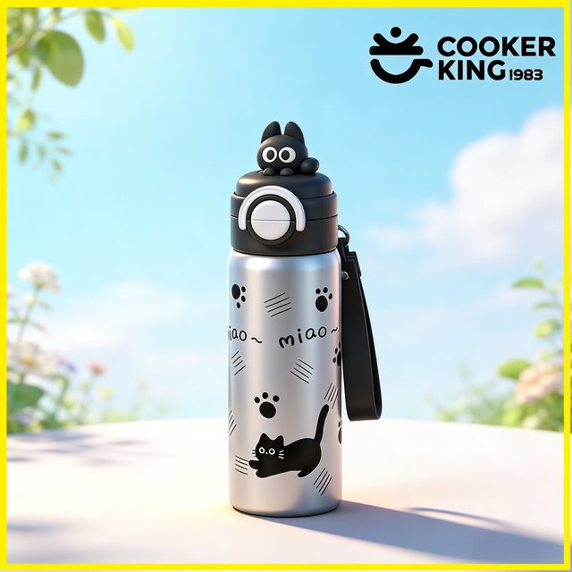 COOKER KING Thermosbecher für Katzen aus 316 Edelstahl und PP mit Auspuffknopf, 550 ml, Blau und Gelb - Bild 1