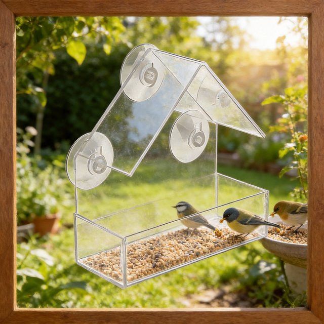 KITPIPI Acryl-Vogelfutterspender mit Klarsichtfenster und Saugnapf zum Aufhängen für Garten und Außenbereich - Bild 1
