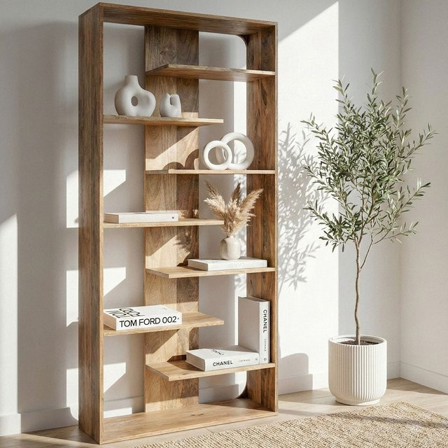 Finebuy Bücherregal aus Massivholz in Braun, modernes Standregal für Wohnzimmer und Esszimmer, Höhe: 200 cm, Breite: 90 cm, Tiefe: 40 cm - Bild 1