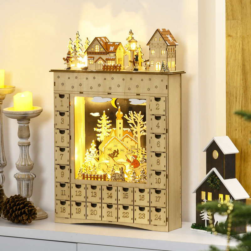 HOMCOM Adventskalender aus Naturholz mit 24 Schubladen und LED-Lichtern, Weihnachtsdekoration in Braun, B: 36 cm, T: 9 cm, H: 52 cm - Bild 2