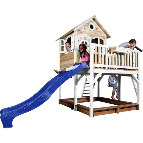 Axi Liam Spielhaus mit Einzelschaukel und Rutsche aus Holz in Braun, Weiß und Blau, B/H/T: 541 x 291 x 277 cm - Bild 2
