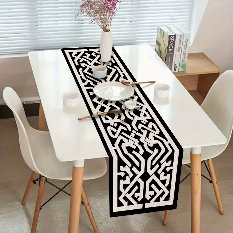 VIKAMA Tischläufer mit geometrischer arabischer Kalligrafie in Schwarz-Weiß, modernes Leinen-Design für deine Tischdekoration - Bild 2
