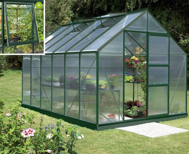 Vitavia Gewächshaus Meridian 9900 in Smaragdgrün mit Polycarbonat-Platten und Schiebetür, 9,9 m² - Bild 1