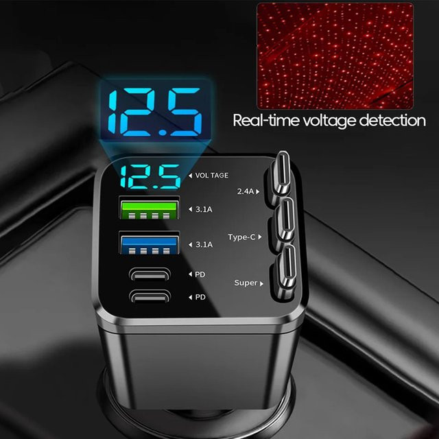 Kebidumei 7-in-1 Autoladegerät 180W mit einziehbarem Typ-C-Kabel, Zigarettenanzünder-Adapter für Huawei und Samsung, Farbe: Schwarz - Bild 1