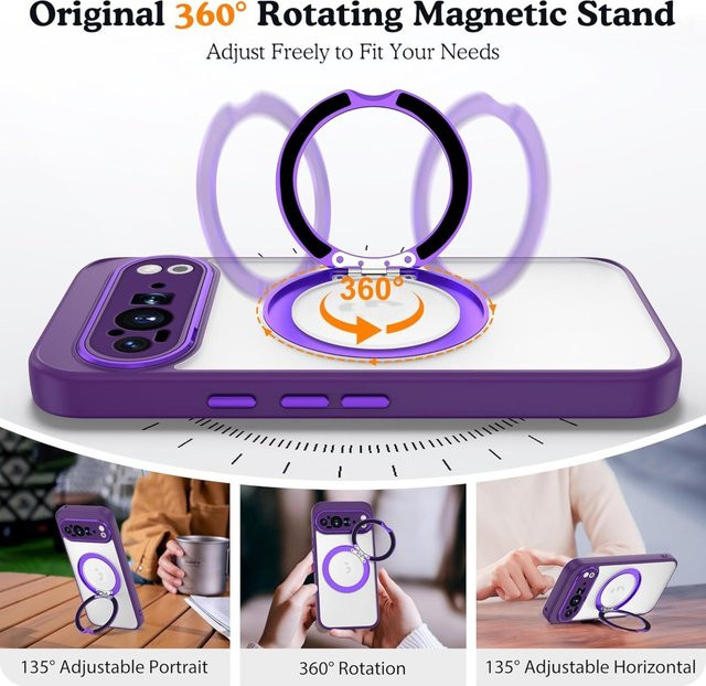Premium 360° Durchscheinende Handyhülle mit magnetischer Ringhalterung für Google Pixel 10, 9, 8, Pro, XL, 9a, 8a in Transparent, Pink oder Purple – Stoßfeste kabellose Ladeabdeckung - Bild 1