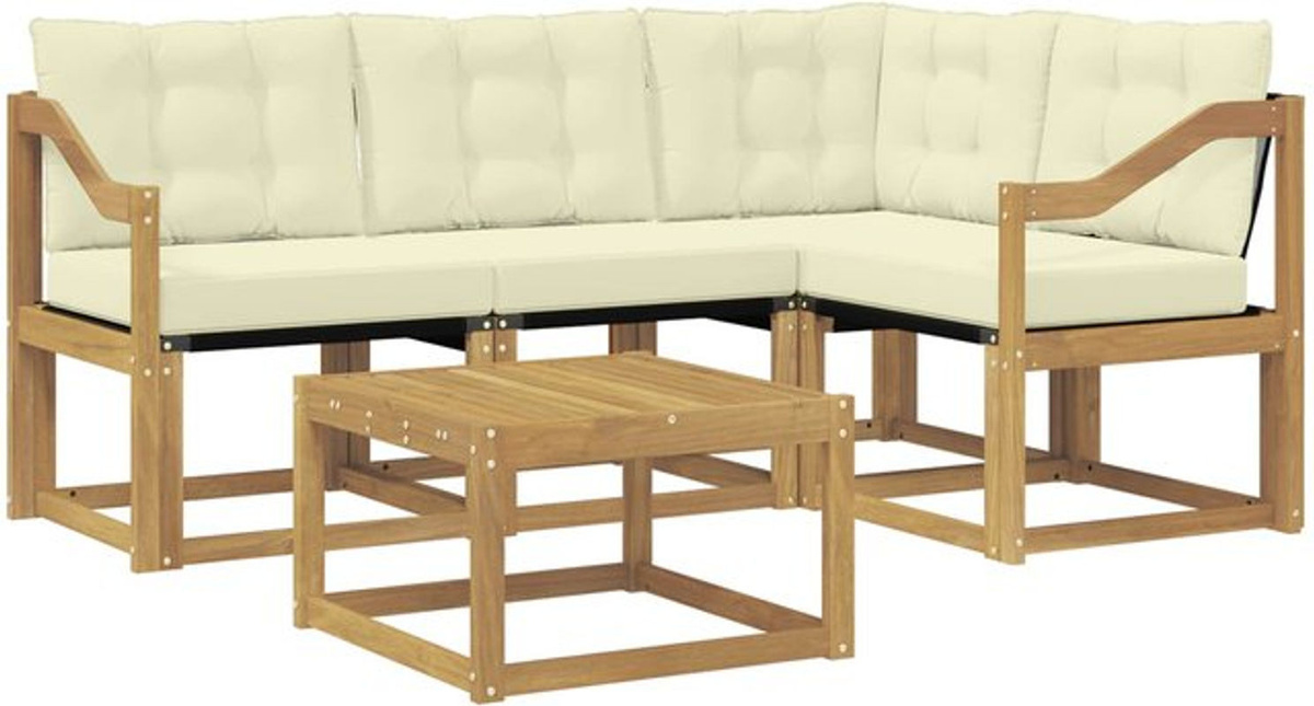 vidaXL Outdoor-Sofagarnitur aus Akazie mit Kissen in Weiß und Beige, 5-teiliges Loungemöbel-Set im modernen Design - Bild 1