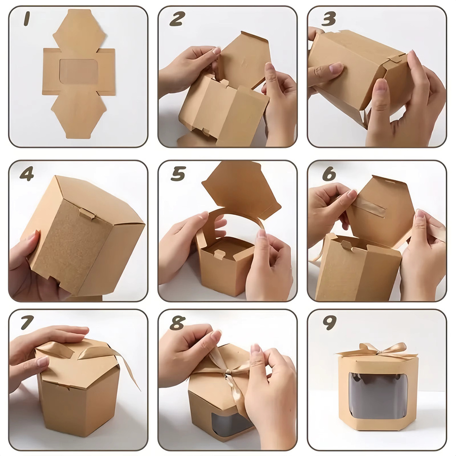 Transparentes Kraftpapier-Geschenkbox-Set mit Fenster und Band für Hochzeiten, Partys und Weihnachten in Braun und Weiß - Bild 2