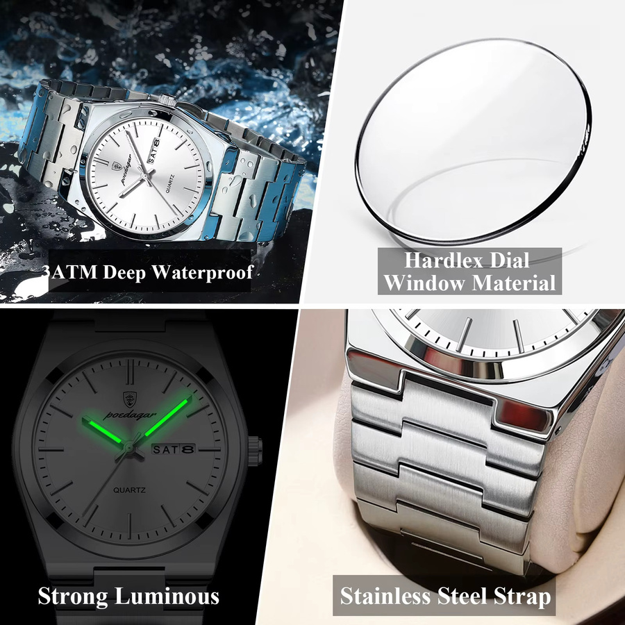 POEDAGAR Armbanduhr Quarz, Edelstahl, Silber, Herren - Bild 4