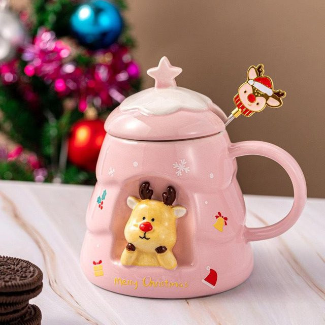 Kreative Keramik Tasse mit Relief-Weihnachtsbaum Design in Weiß oder Pink, 450 ml - Bild 1