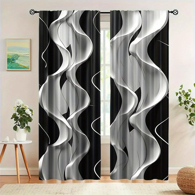 Yiran Furniture Vorhänge mit geometrischem Design, 2er-Set, Schwarz, Polyester, Stangentasche, B/H: 175 x 220 cm - Bild 1