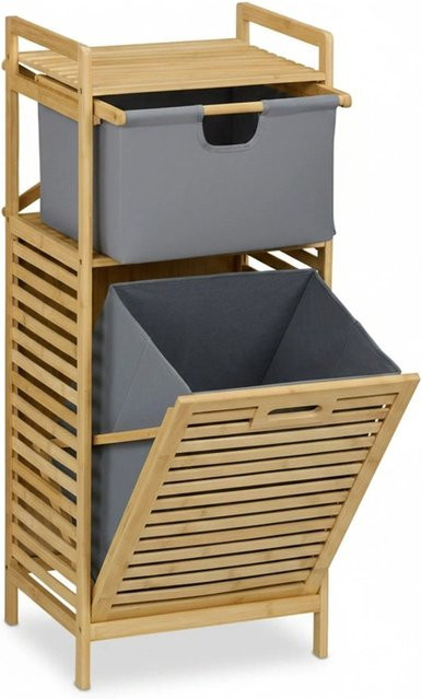 Relaxdays Wäschekorbregal aus Bambus mit Stoffschublade, Natur und Grau, H: 95 cm, B: 40 cm, T: 33 cm - Bild 1