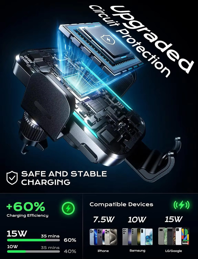 UYUXIO Drahtloser Kfz-Ladegerät-Adapter mit automatischer Klemmung und Lüftungsschlitzen in Schwarz für iPhone 16, 15 Pro Max und Samsung - Bild 3