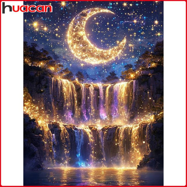 Huacan 5D-Diamantgemälde Mond und Wasserfall als Landschafts-Mosaik in Mehrfarbig für Erwachsene - Bild 1