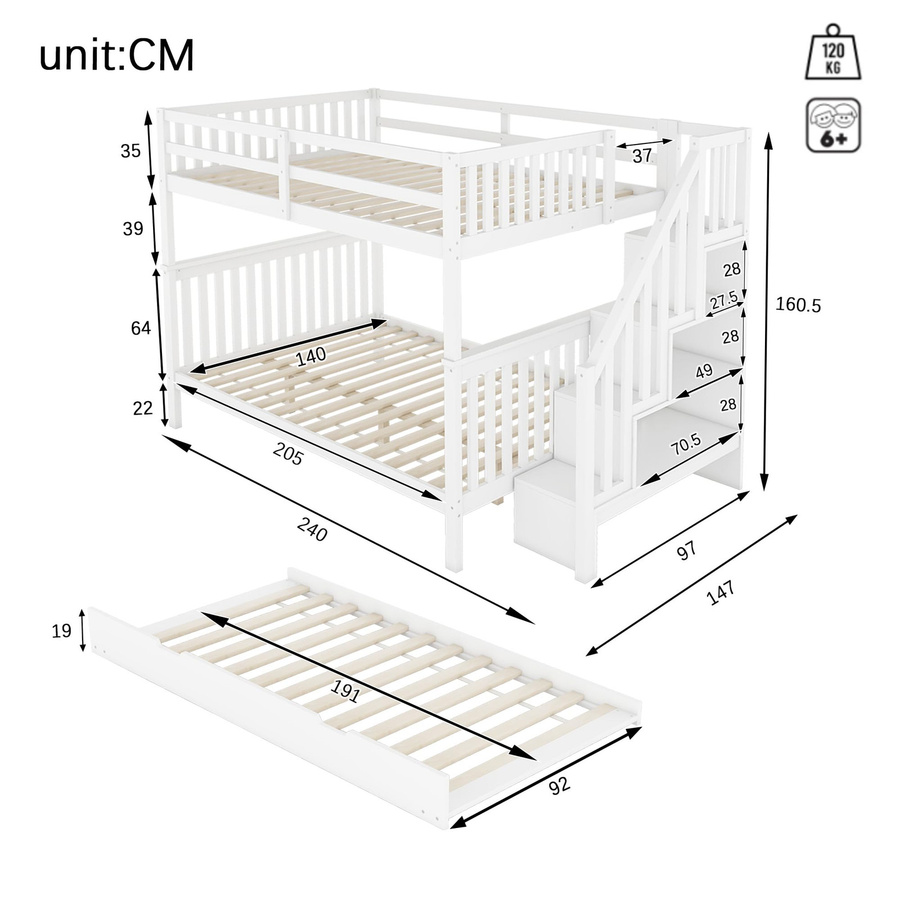 Flieks Etagenbett für Kinder aus Kiefernholz und MDF mit Treppenregal, sicherem Zaun und ausziehbarem Rollbett, Farbe: weiß, B/T/H: 140 x 200 cm - Bild 2