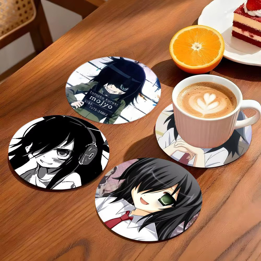 Runder Holz-Untersetzer mit Anime Watamote Tomoko Kuroki Motiv, Durchmesser: 10 cm, Mehrfarbig - Bild 2