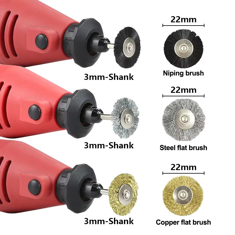 CMCP Draht-Radbürsten-Set für Dremel und Drehwerkzeuge mit 3,0 mm Schaft, Polierwerkzeuge aus Messing, Stahl und Nylon, Durchmesser: 22 mm - Bild 3