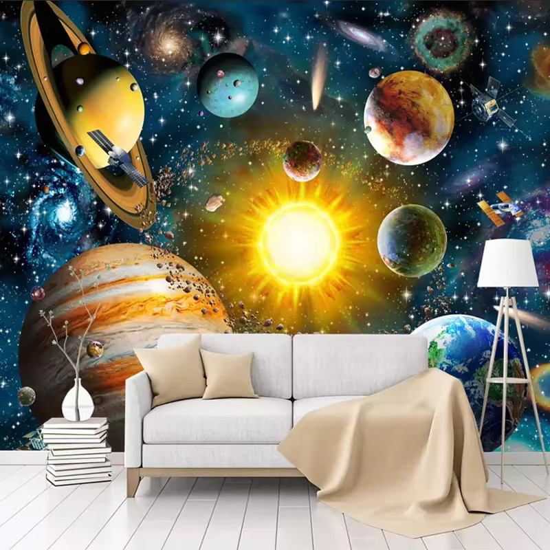 Moderne 3D Foto Tapete für das Kinderzimmer mit handgemaltem Cartoon Universum Sternen und Planeten in Multicolour von Jiadou - Bild 2