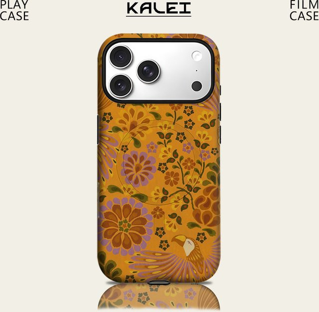 Potdemiel Handyhülle mit Vogel- und Blumen-Design in Orange für iPhone 17 16 15 14 13 Pro Max Plus, magnetische robuste ein- und doppelschichtige Schutzhülle - Bild 1
