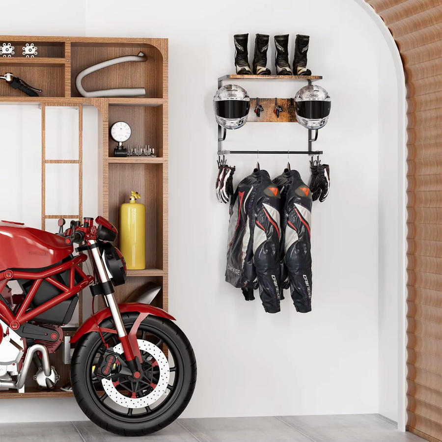 HiMISS Wandmontierte Motorradjacken- und Helmhalterung in Schwarz aus Metall als taktischer Ausrüstungsorganizer mit Haken für Reitausrüstung und Outdoor-Equipment - Bild 2