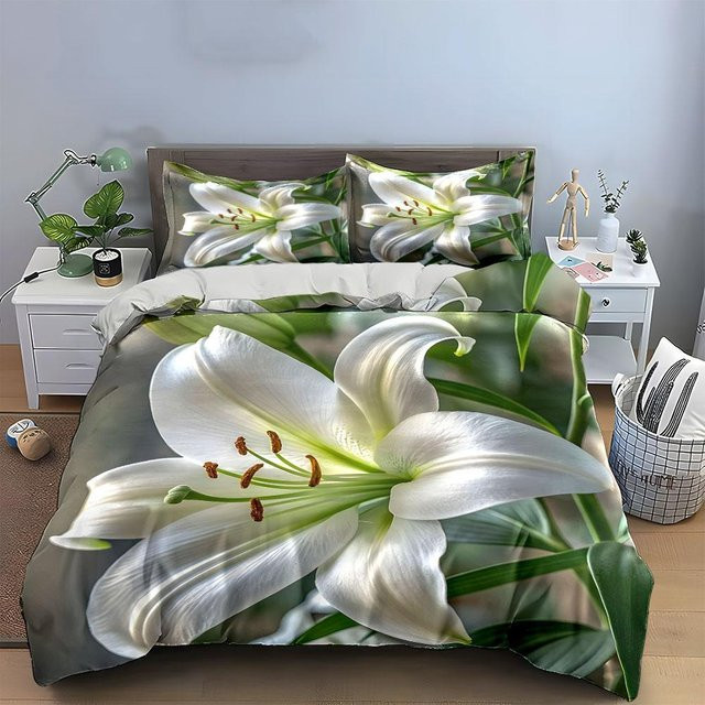 3-teiliges Bettwäsche-Set mit weißem Lilien-Dekor aus Mikrofaser, Queen Size 210 x 210 cm - Bild 1