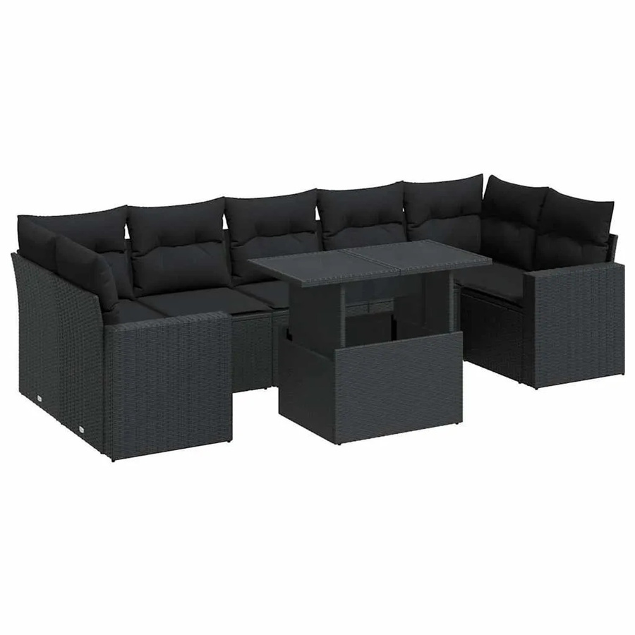 vidaXL 8-tlg Garten-Sofagarnitur in L-Form aus schwarzem Poly-Rattan mit Kissen und pulverbeschichtetem Stahlgestell - Bild 2