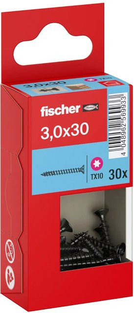 Fischer PowerFast II Senkkopf Schraube mit Torx-Antrieb und Vollgewinde, Farbe: Schwarz, Durchmesser: 3 mm, Länge: 30 mm, 30 Stück - Bild 1