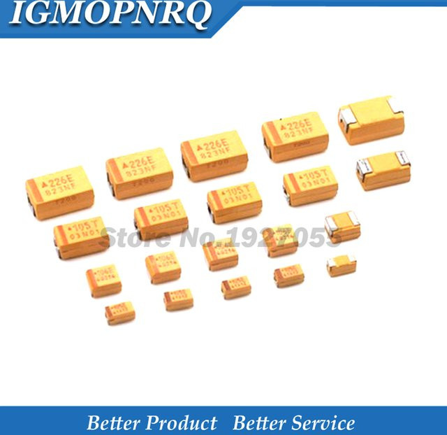 10er Set Tantal Kondensatoren Typ A B C D in Gelb, verschiedene Kapazitäten von 0,22 uF bis 100 uF und Spannungen von 6,3 V bis 50 V, Gehäuseformen 3216 3528 6032 7343 - Bild 1
