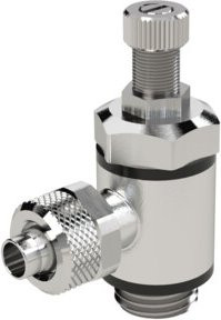 Riegler Drosselrückschlagventil aus Messing mit Abluftdruck-Schnellverschraubung M5 und Schlauchanschluss 6/4 in Silber - Bild 1