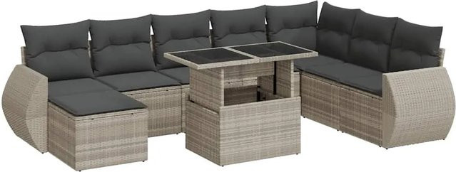 vidaXL 9-tlg. Garten-Sofagarnitur in L-Form aus Poly-Rattan mit Kissen und Couchtisch in Hellgrau - Bild 1