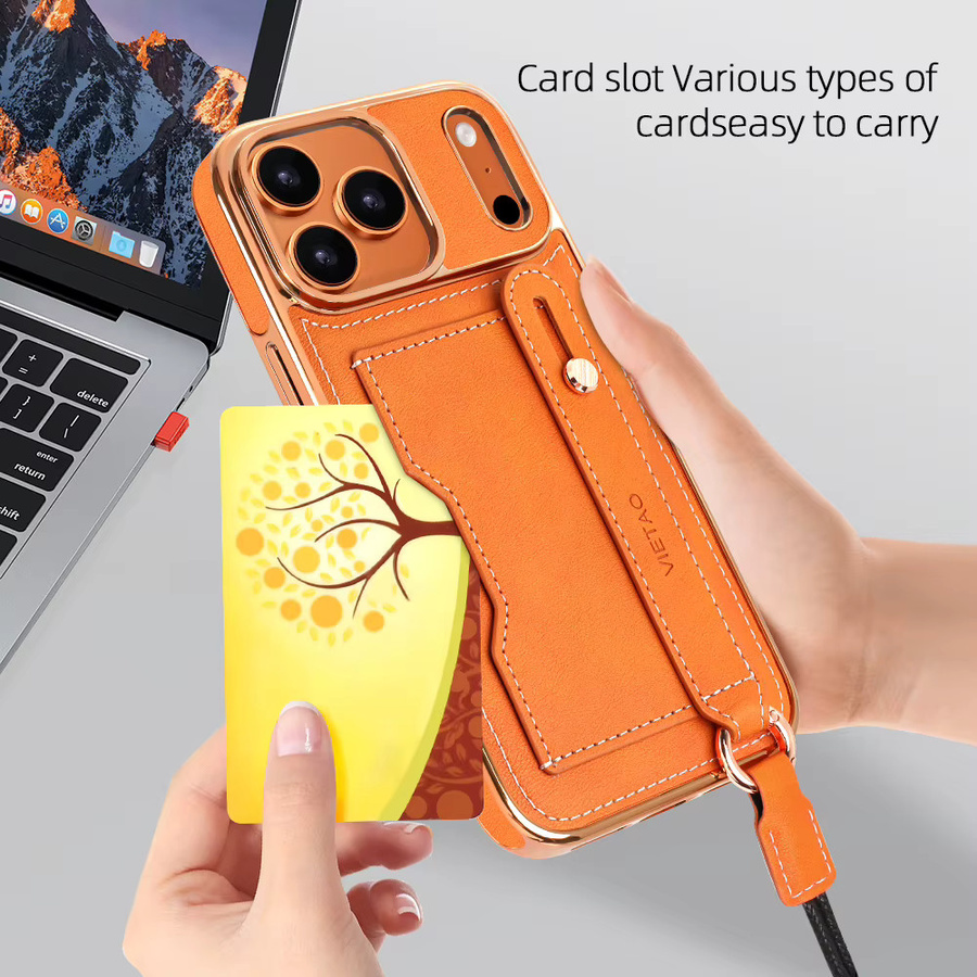 Retro Lychee Grain Handgelenk Band Telefonhülle für Apple iPhone 12 bis 17 Pro Max Plus Air aus PU Leder mit Kartenfach und Neck Strap in Rot und Orange - Bild 2