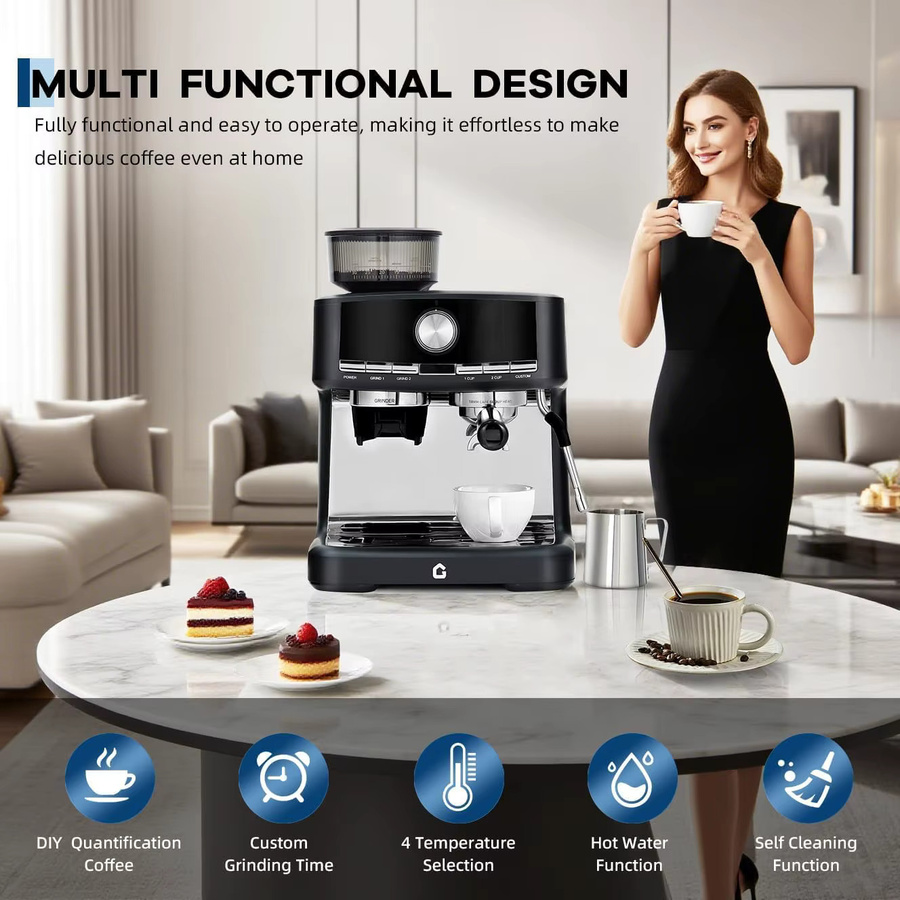 HiMISS Espressomaschine in Schwarz mit integriertem Mahlwerk, 30 Mahlgradstufen und Milchaufschäumer für Cappuccino und Espresso mit 15 Bar Druck - Bild 4