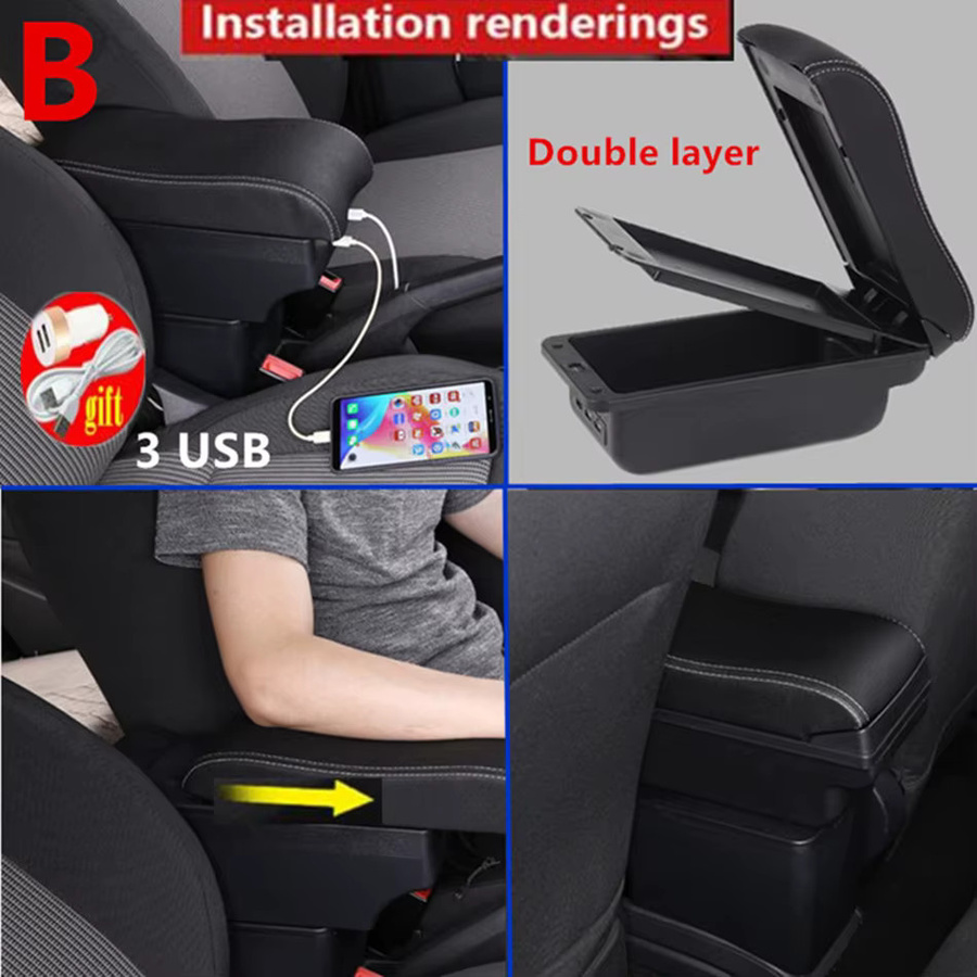HuangZM Armlehnen-Ablagebox für Opel Meriva mit USB-Anschluss in Schwarz - Bild 4
