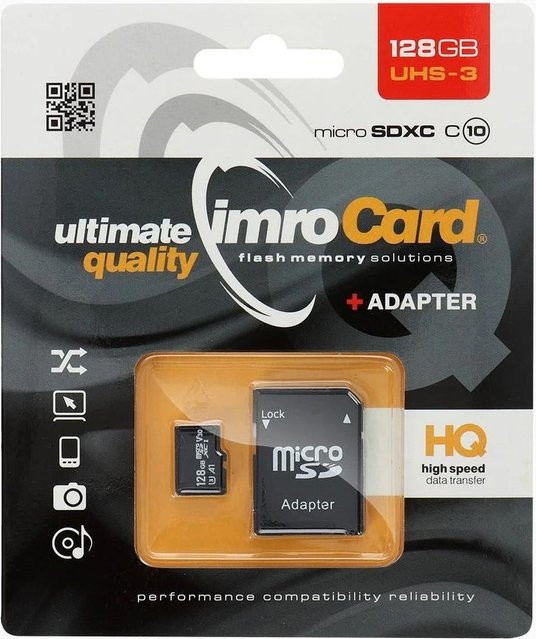 Imro microSDXC Speicherkarte, 128 GB, Klasse 10, UHS-1 U3, Schwarz, mit Adapter - Bild 1