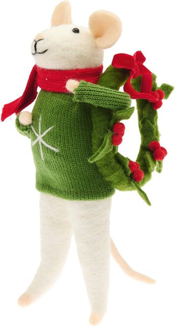 Rico Design Weihnachtsfigur Filz-Maus mit Ilexkranz und grünem Strickpulli, Farbe: Grün, Höhe: 22 cm, Breite: 10 cm, Tiefe: 10 cm - Bild 1
