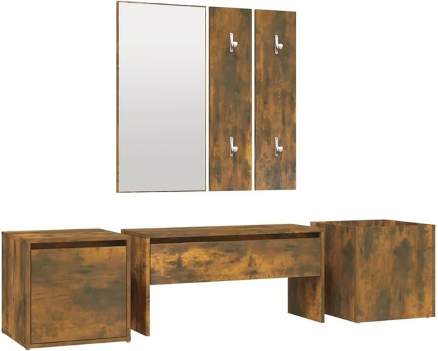 vidaXL Flurmöbel-Set Modell 2 aus Holzwerkstoff in Räuchereiche, bestehend aus Flurbank, Spiegel, Garderobe, Box mit Schublade und Pflanzkasten, Farbe: Braun - Bild 1