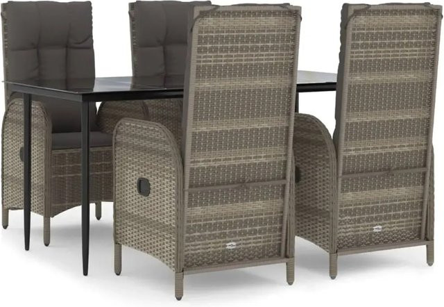 vidaXL 5-teilige Garten-Essgruppe aus Poly Rattan mit Kissen in Schwarz und Grau und Tisch aus gehärtetem Glas - Bild 1