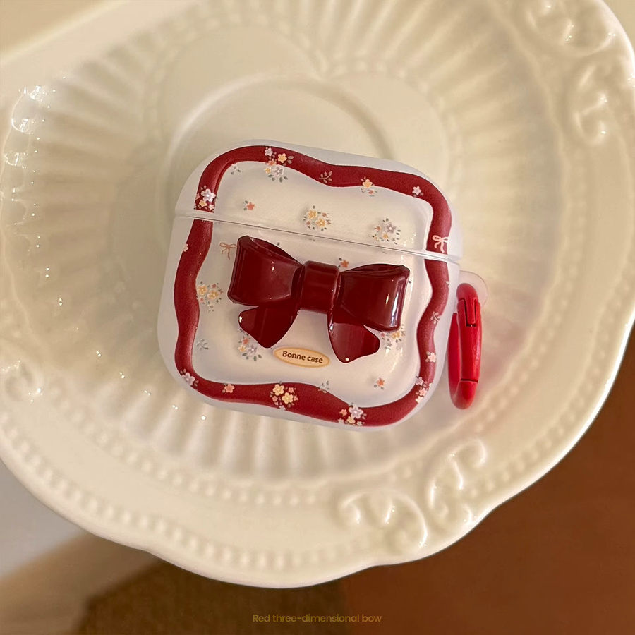 Schutzhülle für Apple AirPods und AirPods Pro mit 3D Cartoon Rote Schleife und Floral Welle Design in Rot inklusive Haken - Bild 3