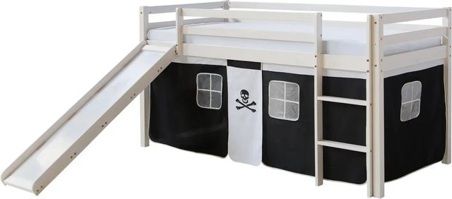 Homestyle4u Kinder Hochbett Piraten Design aus Kiefernholz mit Rutsche in Weiß und Schwarz, B/T/H: 90 x 200 x 154 cm - Bild 1